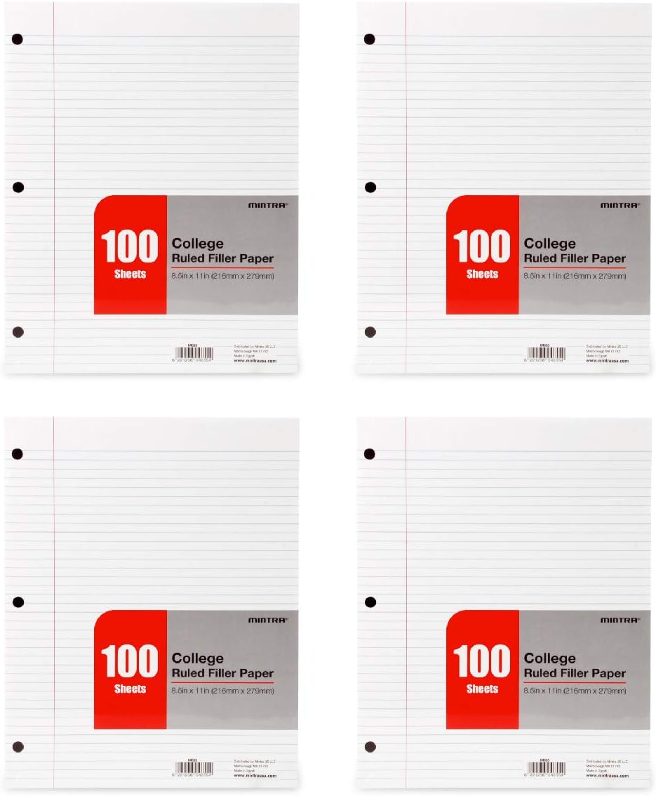 Mintra Office Filler Paper (College Ruled, 2400 Sheets (4-6pks)) - 8.5in x 11in - Filler Paper for Ring Binders