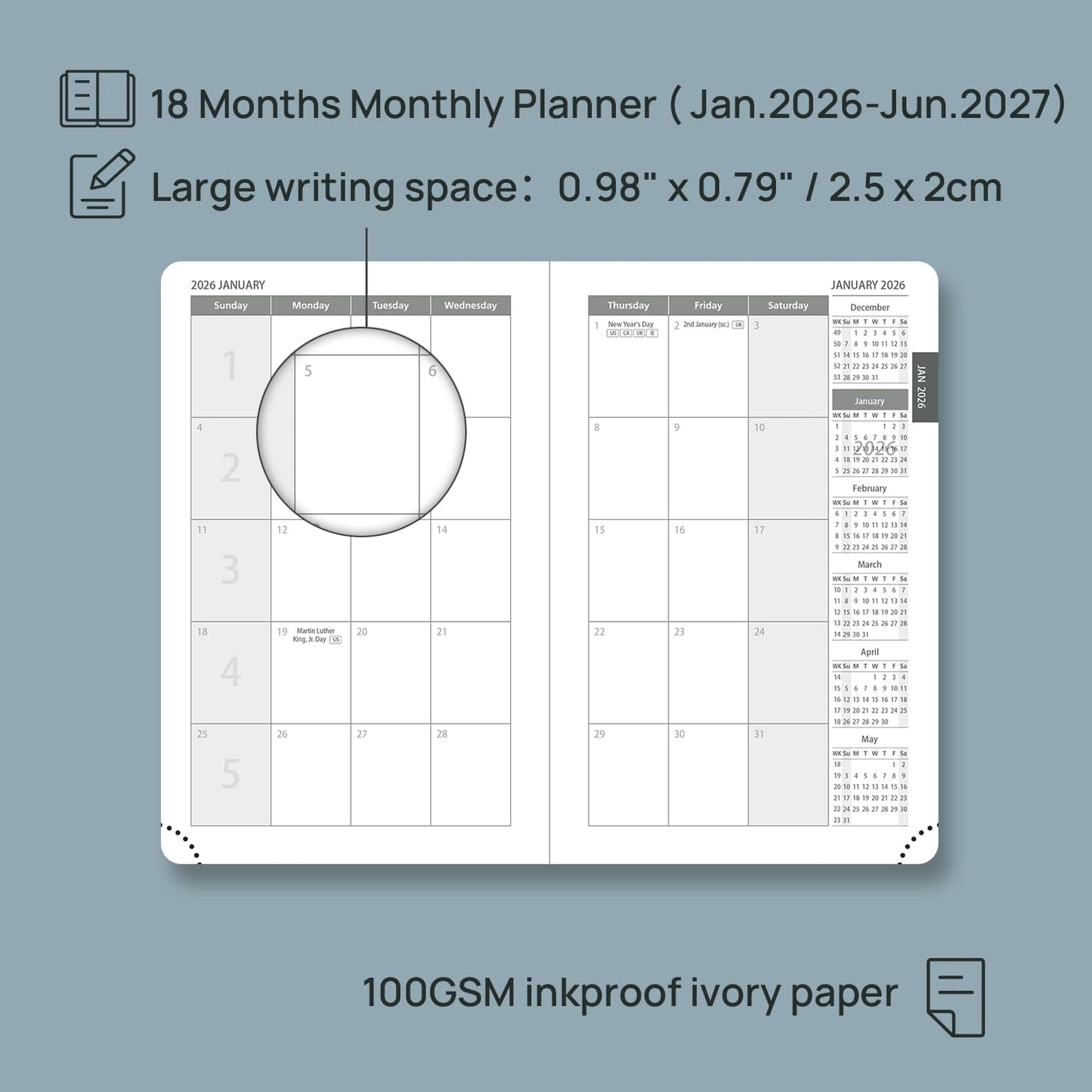 POPRUN Pocket Monthly Planner 2026-2027 (Pocket- 4''x 6.25'' Soft Leather Cover) - 18 Month Calendar Book for Purse (Jan.2026 - Jun. 2027), 100 GSM Thick Paper - Pink