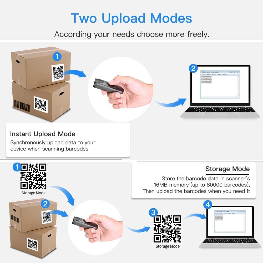 2-Pack Eyoyo Mini QR 2D&1D Bluetooth Barcode Scanner Portable Wireless Barcode Reader with USB Wired/Bluetooth/ 2.4G Wireless Connection for Phone, Android, Tablet, Laptops