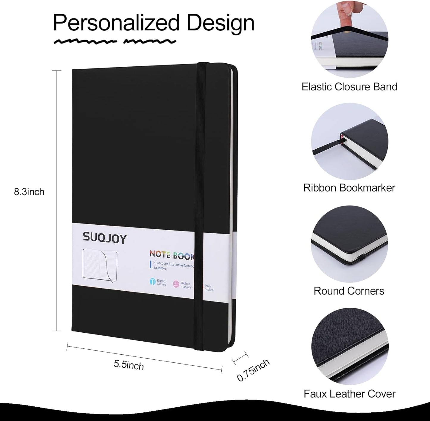 Lined Journal Notebook for Women Men, 5.5"x8.3", 100 GSM Thick Paper, A5 Hardcover Leather Journaling Notebooks for Writing, Travel, Work & School, College Ruled Notebooks for Note Taking Diary (Black)