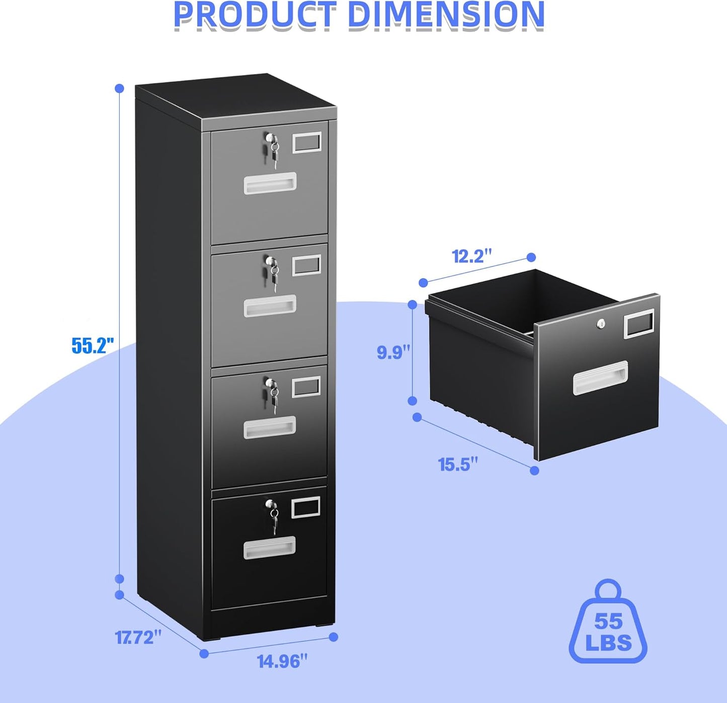 4 Drawer File Cabinet, Metal Vertical Filing Cabinet with 4 Lock,Office Home File Cabinet with Name Card Holder for A4 Letter/Legal Size, 14.96" W x 17.72" D x 55.2" H, Assembly Required(Black)
