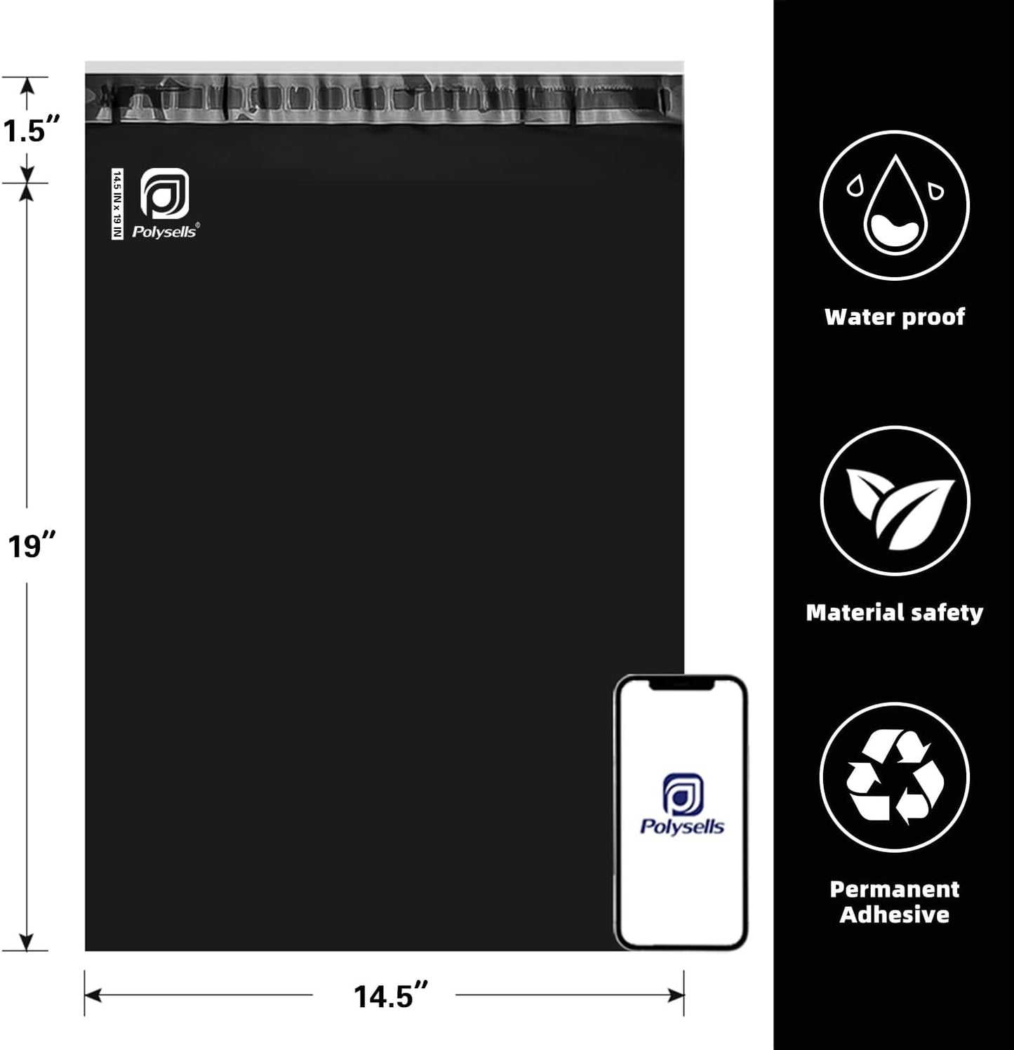 POLYSELLS 500 pcs 14.5x19 Inches Black Poly Mailers Shipping Envelopes, Strong Adhesive Sealing, Waterproof, and Tear-resistant Postal Mailing Bags for Clothing, Books, and Accessories