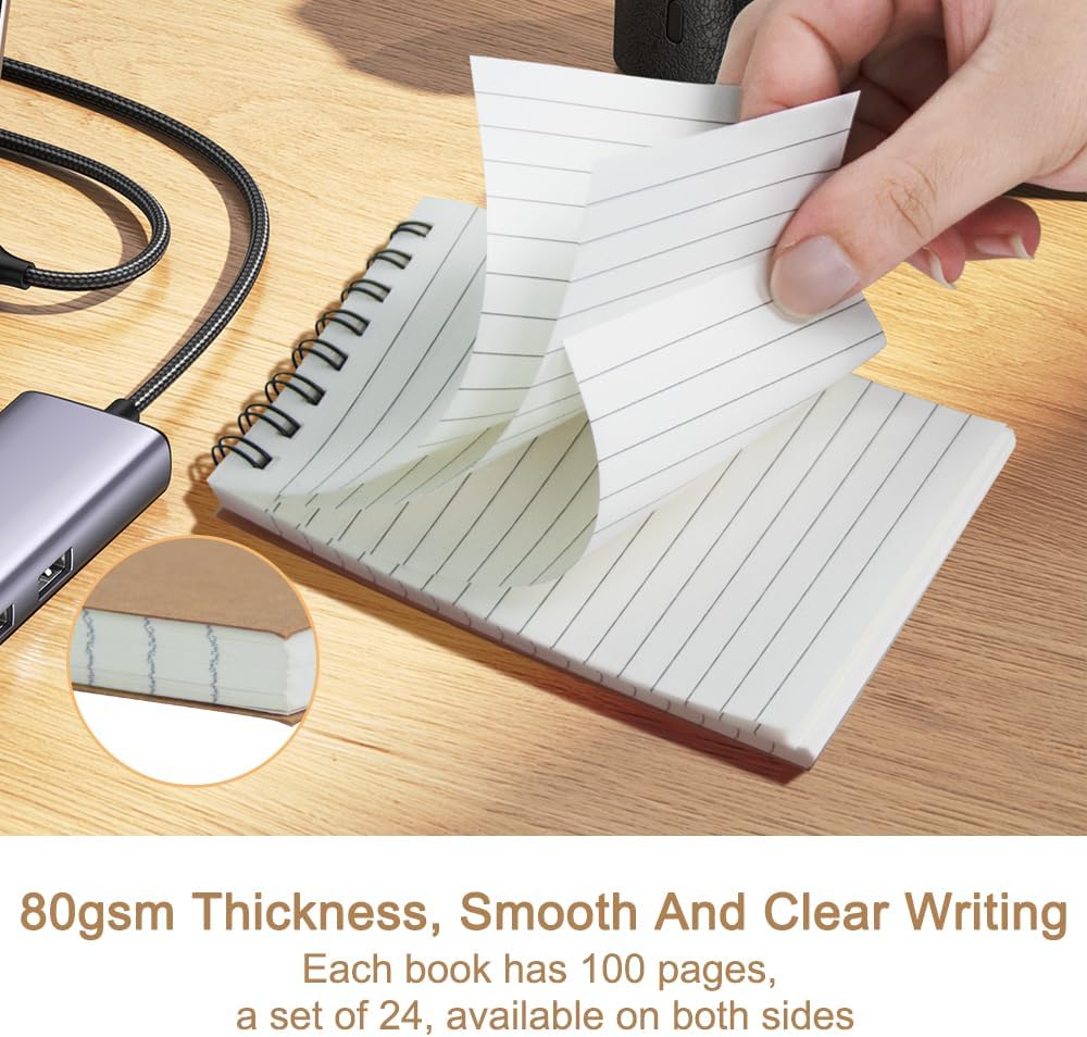 Memo Pads 24 packs, Small 3x5 Spiral Notepads, Office Style Mini Notebook, Small Notepad Pocket Size, Pocket Notebooks for Home, College, Work or School - Lined College Ruled Paper