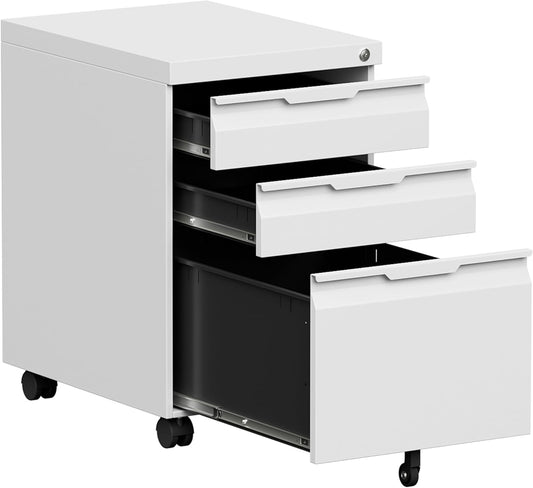 Bestoo 3 Drawer Mobile File Cabinet, Metal Filing Cabinets with Lock Wheels Under Desk, Lockable Rolling File Cabinet for Home Office, Fit Letter/Legal/A4 Size (White)