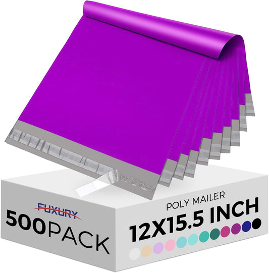 Fuxury Poly Mailers 12x15.5 Inch 500 Pcs, Bulk Shipping Bags for Clothing, Strong Adhesive Shipping Envelopes for Small Business Suppliers,Waterproof Mailers Poly Bags Mailing Envelopes Purple