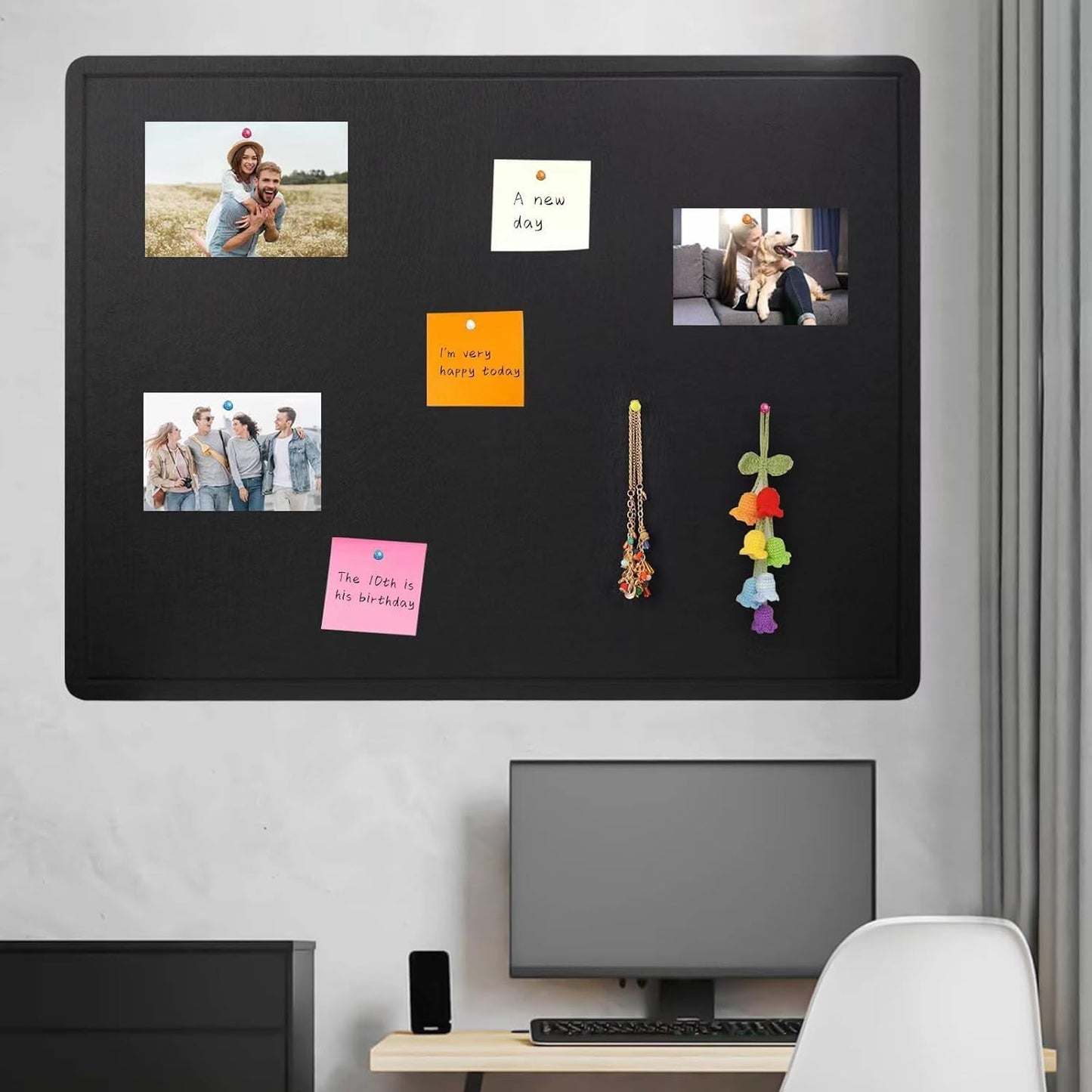 Bulletin Board, 23.5 X 17.5 inches Cork Board with 20 Pushpin, Felt Cork Board Notice Pin Board, Self-Adhesive Vision Board Mood Board Foldable Photo Board for Wall - Black
