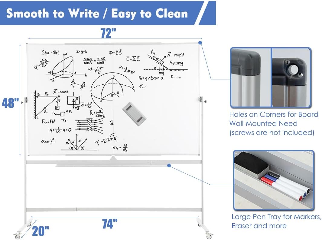 FORTUNO Large Magnetic Mobile Whiteboard 72"x48", Rolling Double Sided Stand Whiteboard on Wheels, Reversible Adjustable Height/Angle Dry Erase Board 6' x 4' Easel White Board for Office Classroom
