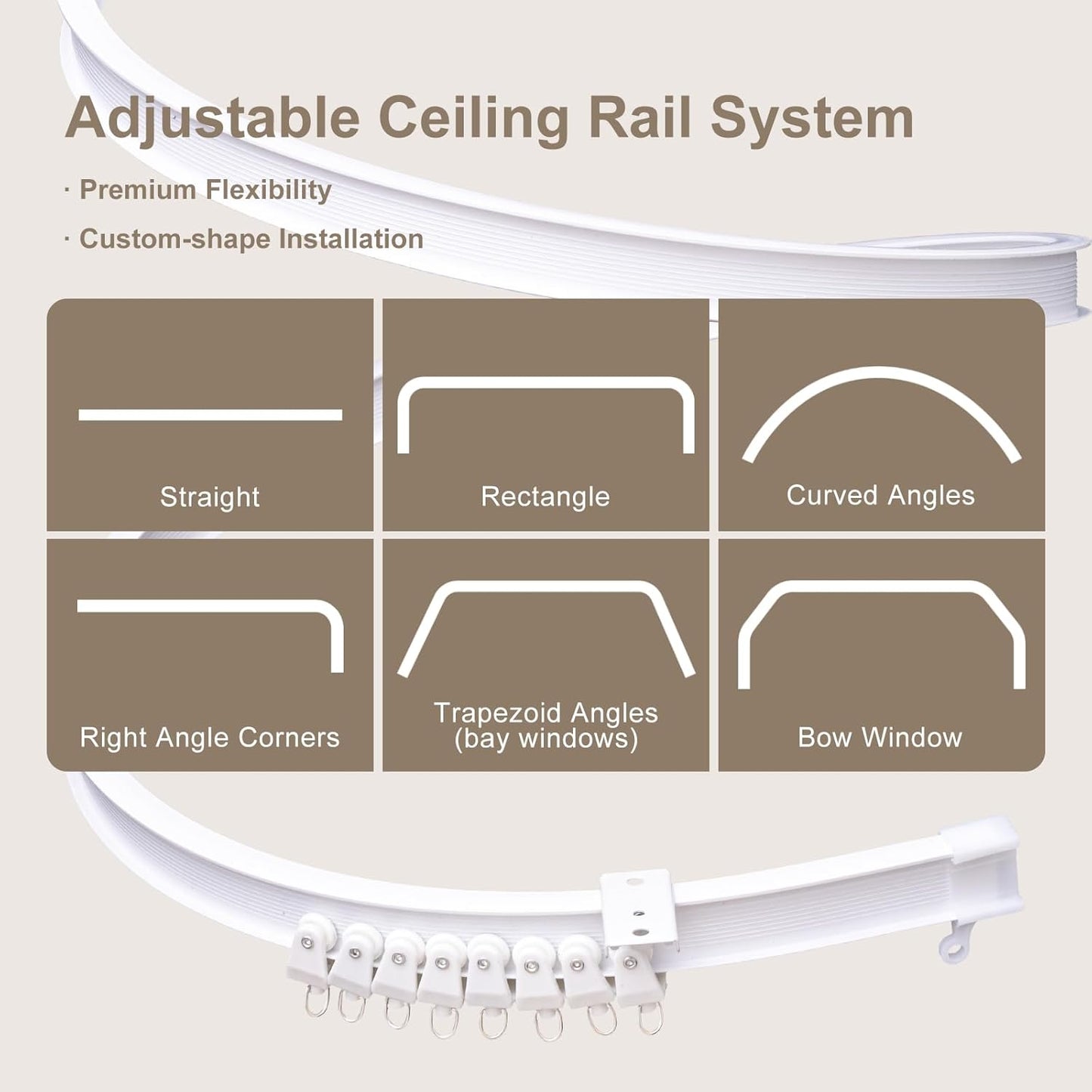 Room Divider Curtains & Flexible Bendable Tracks Set,Privacy Dividers Ceiling Track Curtain Window Blackout Curtains for Living Room Bedroom (W180 × H96 in 1 Panel Beige Drape & White Rail)