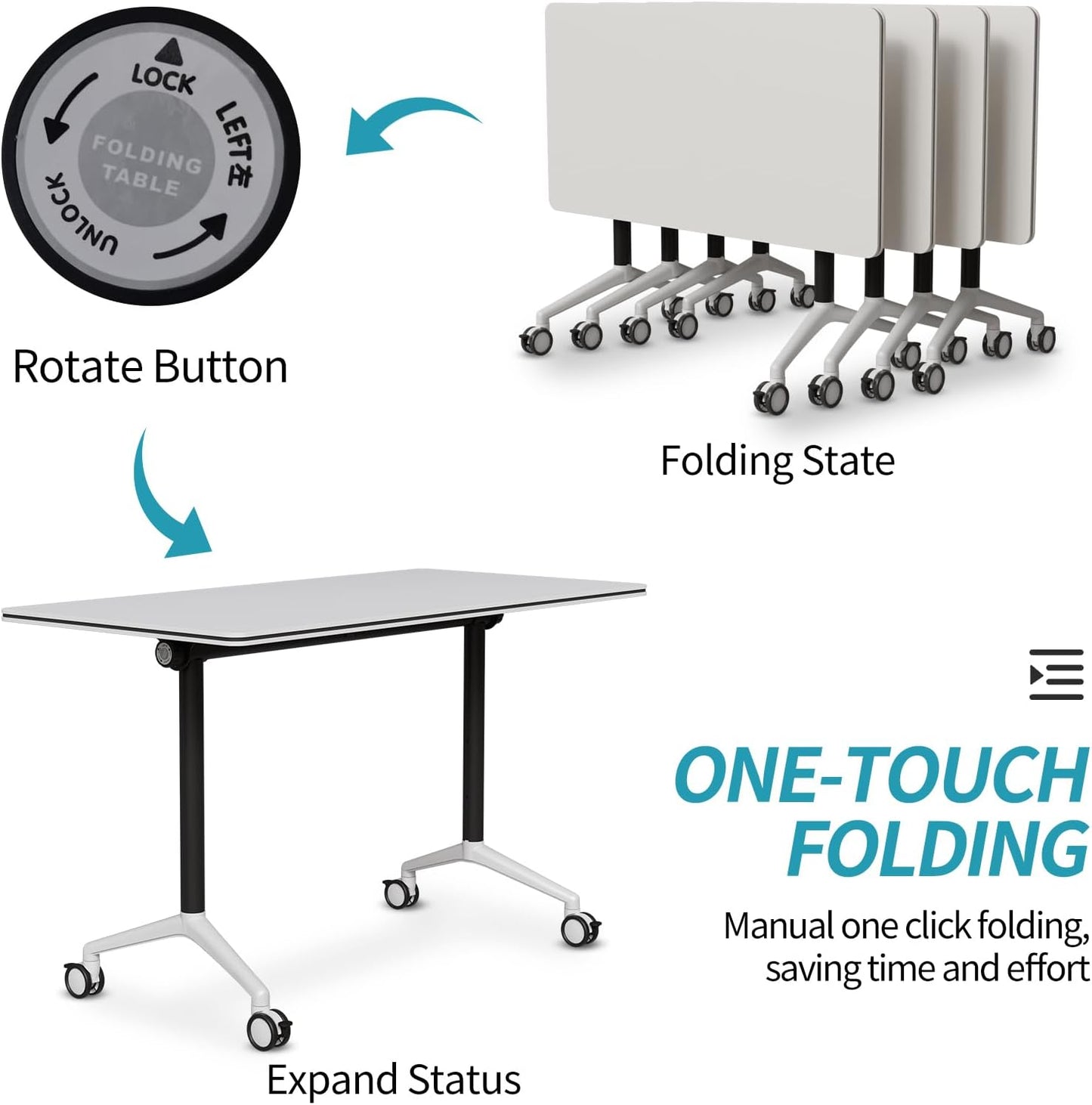 Folding Conference Table, Modern Conference Room Tables with Flip-Top Design, Foldable Conference Table Meeting Table with Wheels, Mobile Seminar Training Tables for Office Classroom (4, White 2)