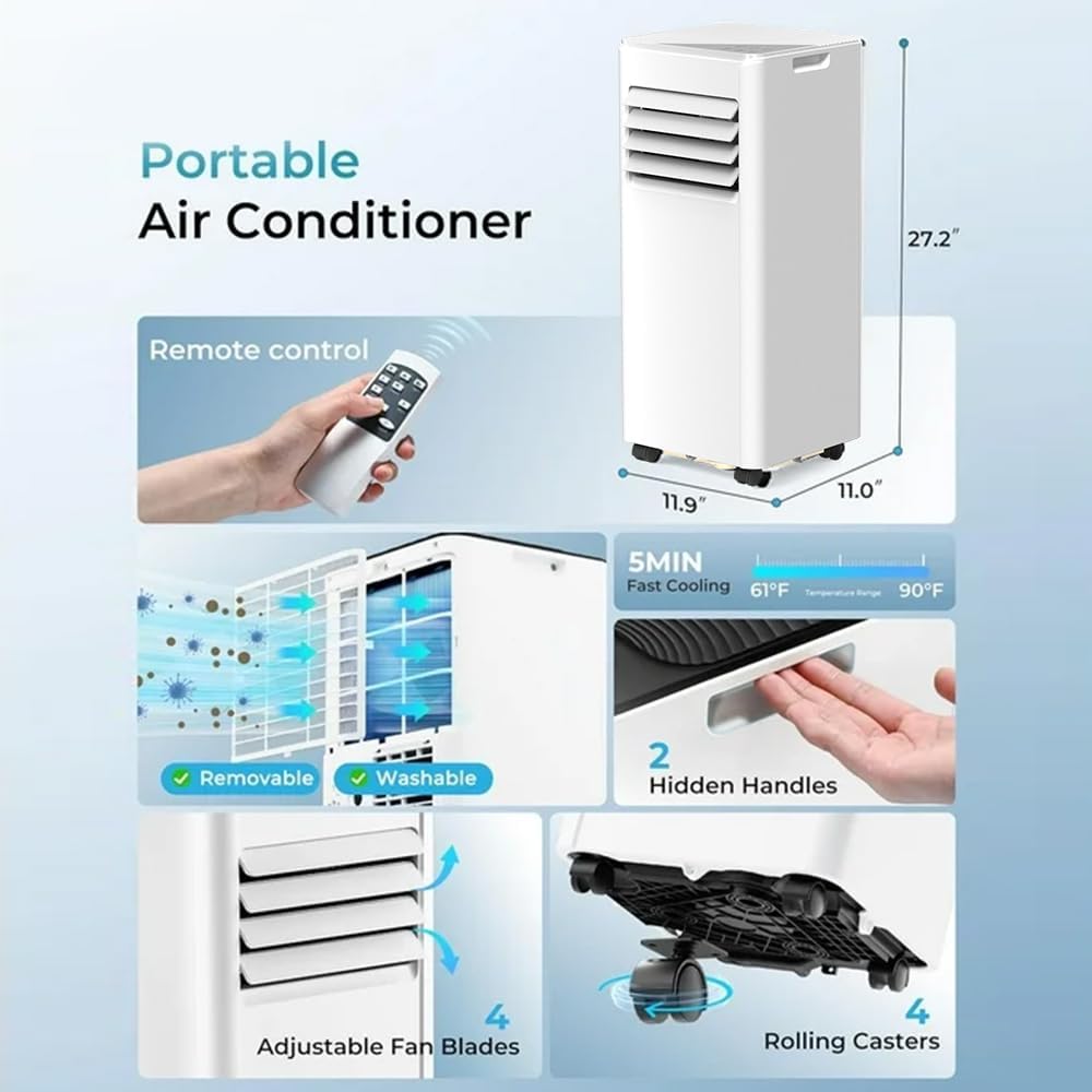 Portable Air Conditioner 10000 BTU (ASHRAE), 3-in-1 Mode AC Cools Up to 450 Sq. Ft., LED Display & Remote Control, 24H Timer, AC Unit with Window Kits for Bedroom,Dorm,Office(White)