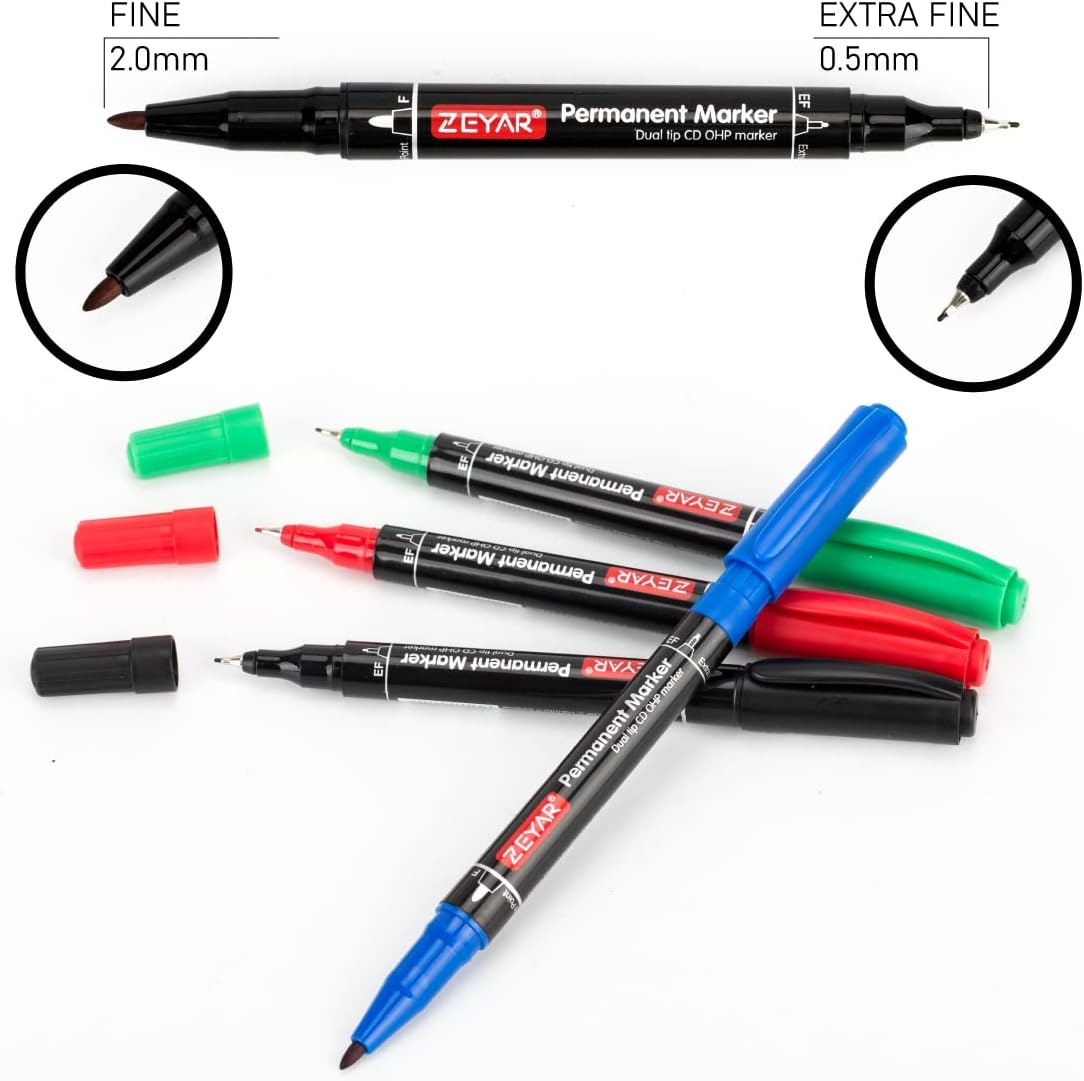 ZEYAR Twin Tip Permanent Markers, CD/DVD Markers, 4 Color, Ultra Fine Point and Fine Point for Signature and Marking (3 Black, 1 Red, 1 Green, 1 Blue)