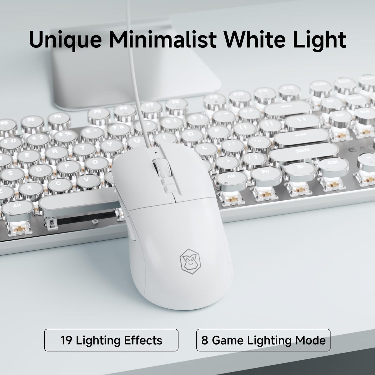 EWEADN Wired Typewriterkeyboard and Mouse Combo, Typewriter Style Mechanical Gaming Keyboard,104 Keys Backlit LED Keyboards, Media Control Knob, Wired Keyboard Pink Switch for Windows/Mac/PC-White