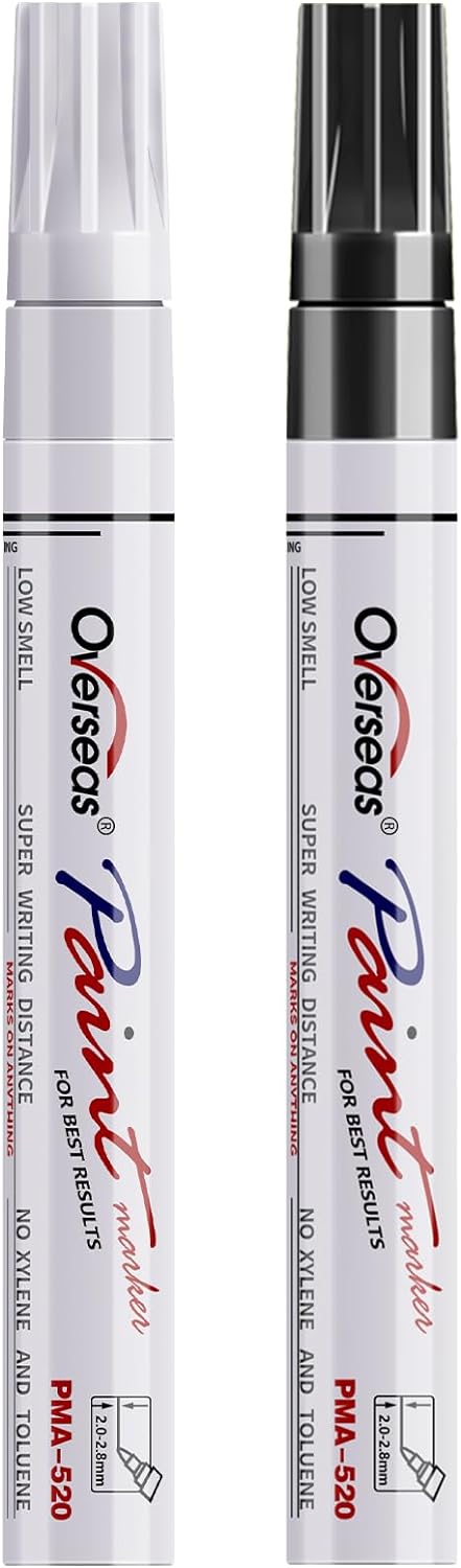 Overseas Permanent Paint Pens Paint Markers - 2 Pack White and Black Oil Based Markers, Quick Drying and Waterproof Marker Pen for Metal, Rock Painting, Wood, Rubber, Plastic, Canvas, Mug. Medium Tip