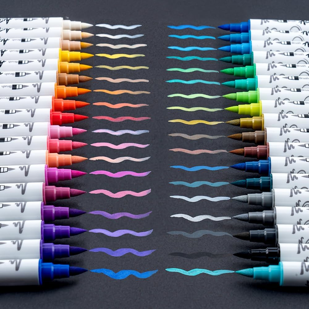 TRANSON 36 Colors Fine and Brush Dual-tip Acrylic Paint Marker Pen Set for Canvas Rock Wood Leather Ceramic DIY Painting