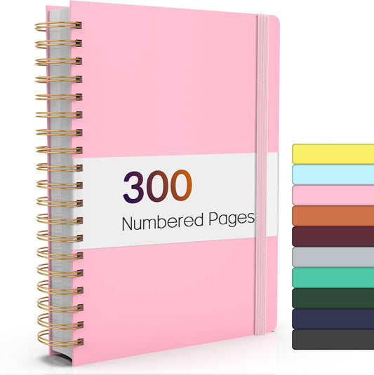 Forvencer Lined Spiral Journal Notebook with 300 Numbered Pages, B5 College Ruled Thick Journals for Writing with 100GSM Paper, Hardcover Notebooks with Contents for Work, School, Women, Men, Pink