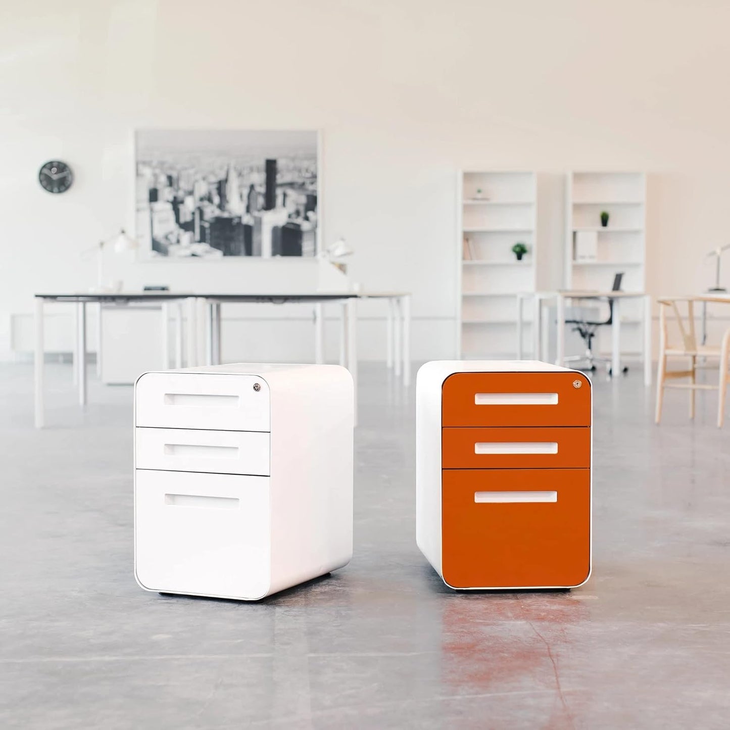 Laura Davidson Furniture Stockpile 3 Drawer File Cabinet with Lock - Under Office Desk Metal Filing Cabinet, Legal/Letter File Folders, Wheels and Stationary Feet, Pre-Assembled, White/Wood