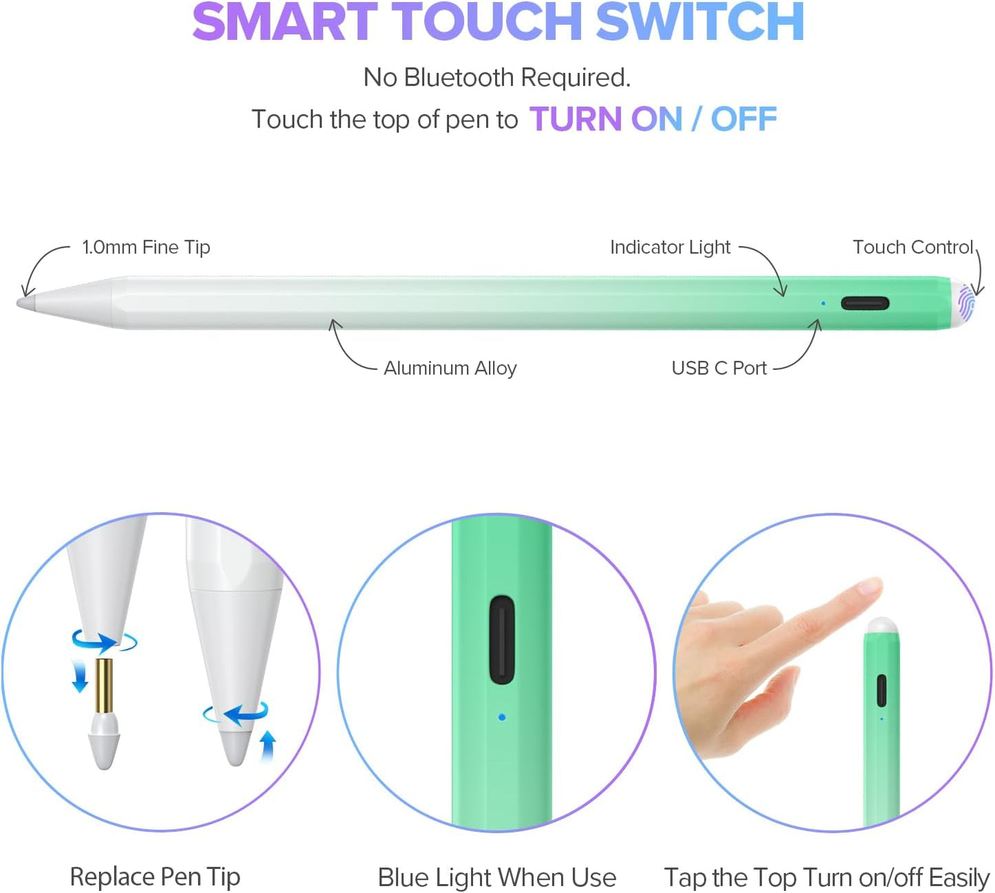 Stylus Pen for iPad 6th-11th Generation-2X Fast Charge Active Pencil Compatible with 2018-2025 Apple iPad Pro 11"/12.9"/M4, iPad Air 3/4/5/M2/M3,iPad Mini 5/6 Gen-Gradient White Green