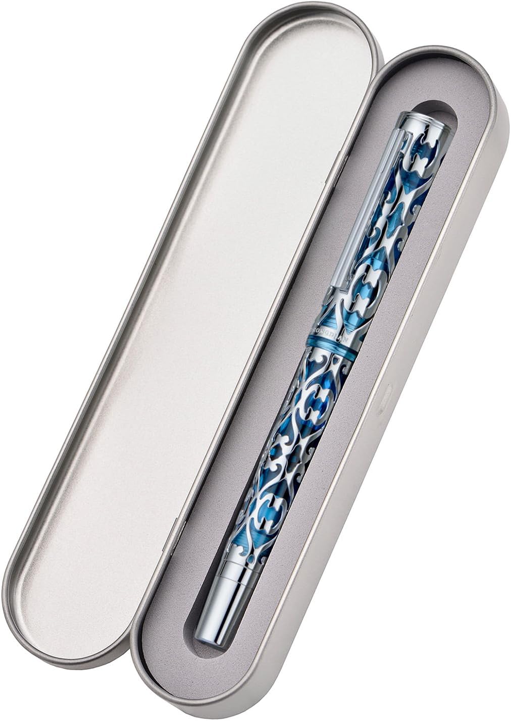 Hongdian D1 Piston Fountain Pen Extra Fine Soft Nib, Silver Blue Hollow Skeleton & Resin Pen with Metal Case Set