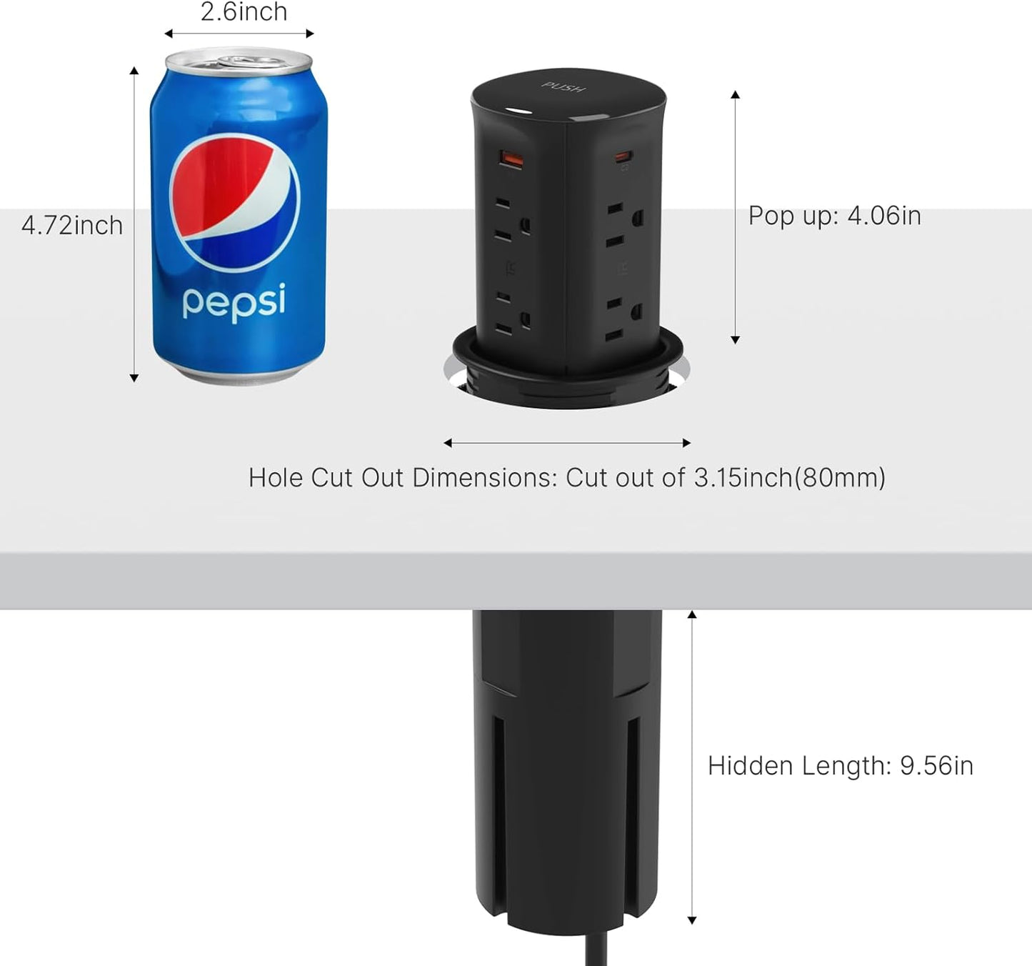 Pop up Outlet for Countertop,3-1/8 inch Hole Desk Grommet Power Station,20W USB C Fast Charging,8 Outlets 4-USB,Kitchen Island Pop Up Electrical Outlet,ETL Listed