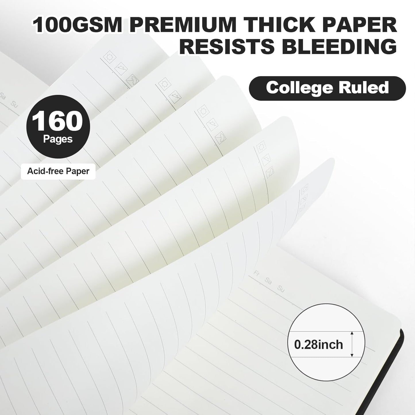 Lined Journal Notebook for Women Men, 5.5"x8.3", 100 GSM Thick Paper, A5 Hardcover Leather Journaling Notebooks for Writing, Travel, Work & School, College Ruled Notebooks for Note Taking Diary (Black)