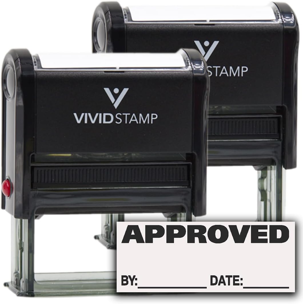 Approved w/by Date Line Self-Inking Office Rubber Stamp (Black) - X-Large 2 Pack