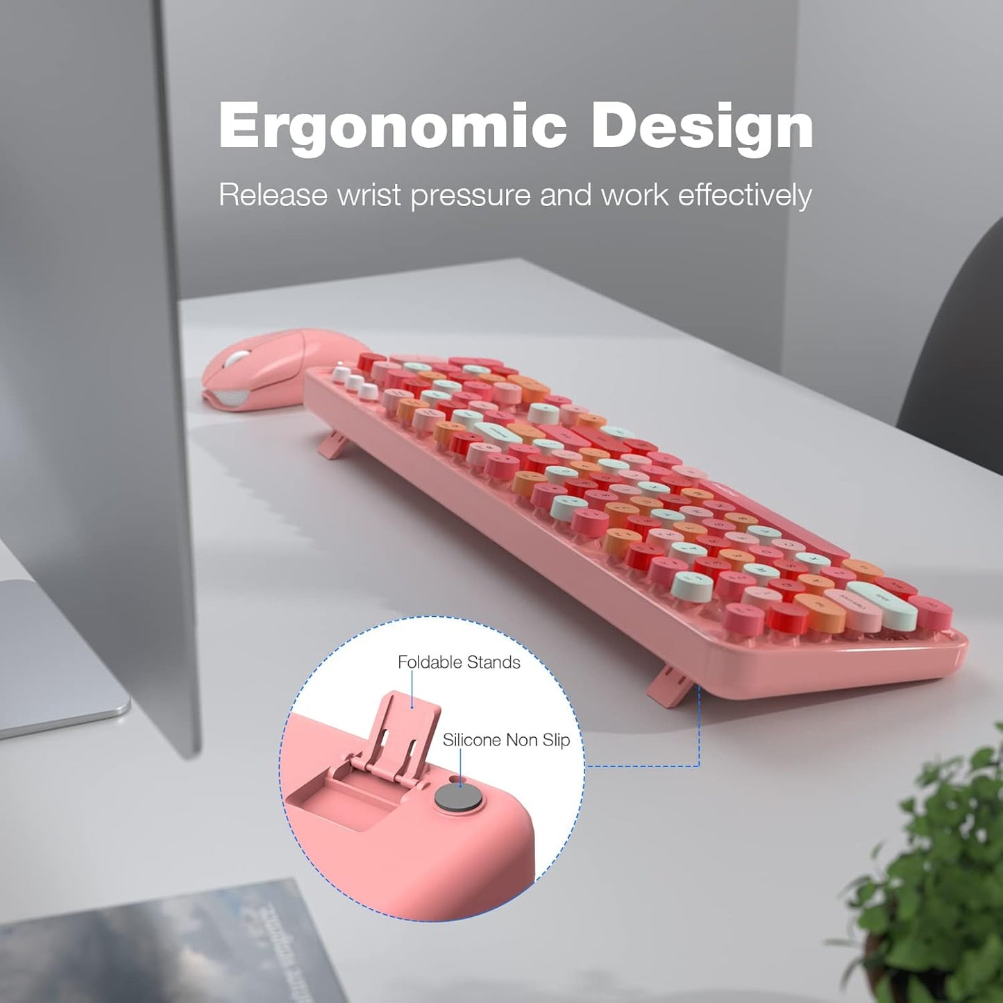 MOFII Wireless Keyboard and Mouse, Pink Colorful Round Key Retro Typewriter Keyboards, USB Wireless 2.4G Full Size Keyboard and Cute Mice Combo for Computer, Laptop, PC, Chromebook, Smart TV