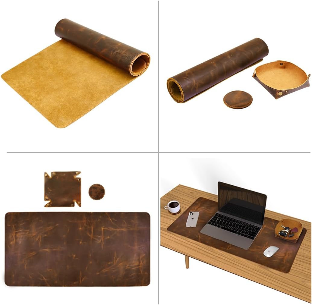Elizo Real Leather Desk Mat Set (32x16) Large Desk Cover Desk Blotter Protector Computer Gaming Mouse Pad Table Laptop Office Desktop Accessories
