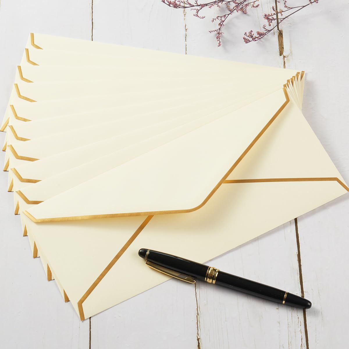 30 Pack Thick #10 Business Envelopes with Gold Border, 4 1/8 x 9 1/2 Thick Paper Standard Envelopes with Stickers for Office, Checks, Letter Mailing, Invoices (Cream Color)