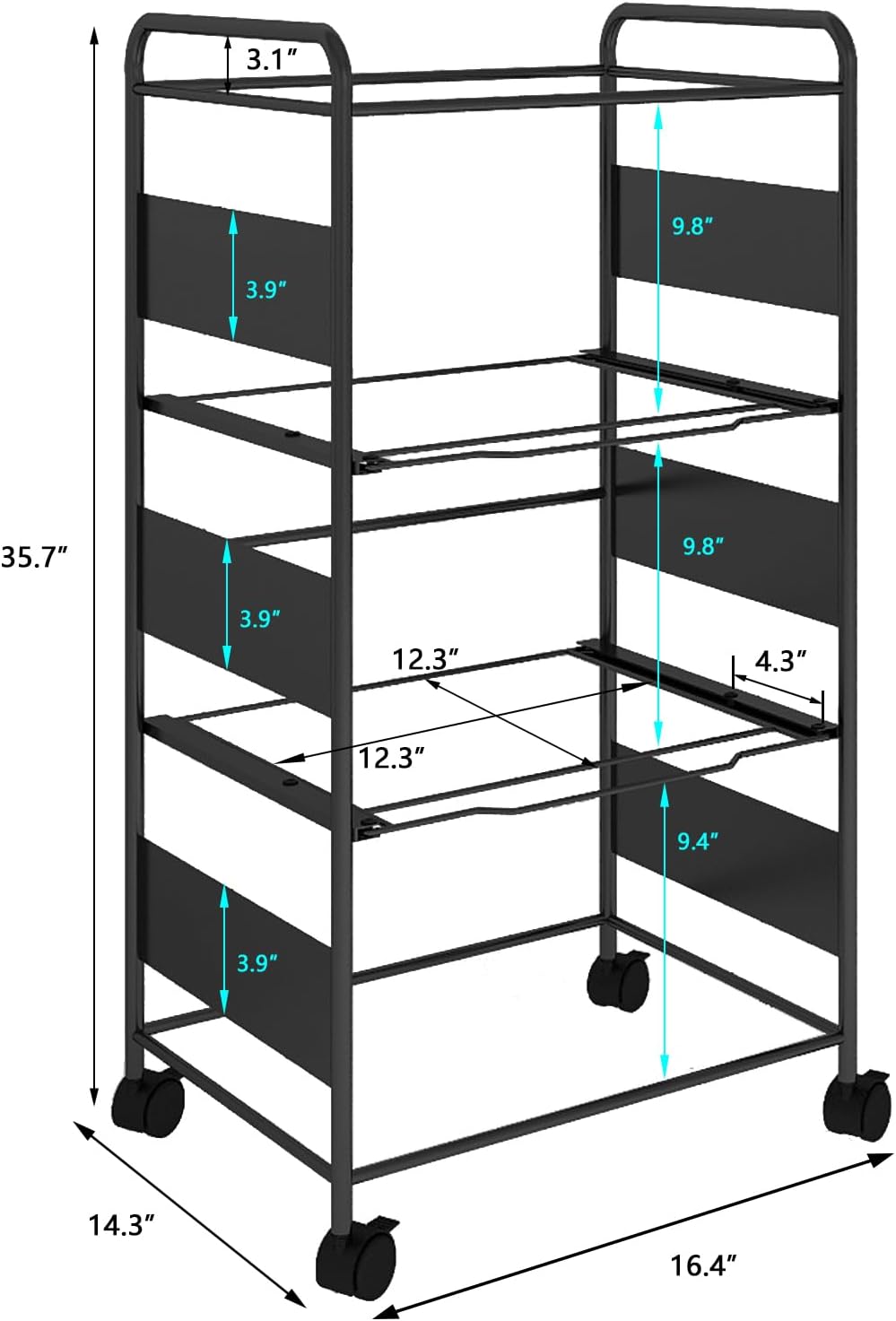 PUNCIA 3 Tiers Metal Rolling File Carts with Wheels Hanging Files for Letter Size Movable Pull-Out File Folder Rack Drawer File Cabinet for Home Office