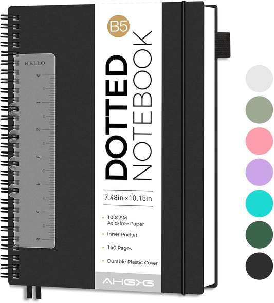 AHGXG Bullet Dotted Journal - Dot Grid Spiral Notebook B5, 140 Pages, 100 GSM Thick Paper, Waterproof Plastic Cover Journals for Bullet Journaling, Sketching, 7.6" x 10", Black