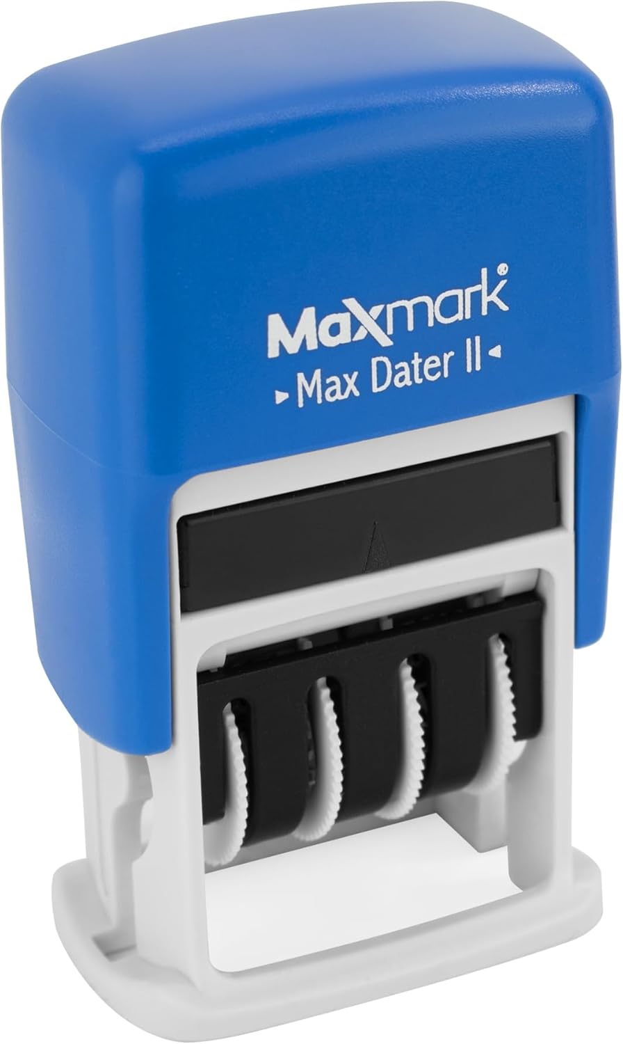 MaxMark Self-Inking Rubber Date Office Stamp with DEPOSITED Phrase & Date - Blue Ink (Max Dater II), 12-Year Band