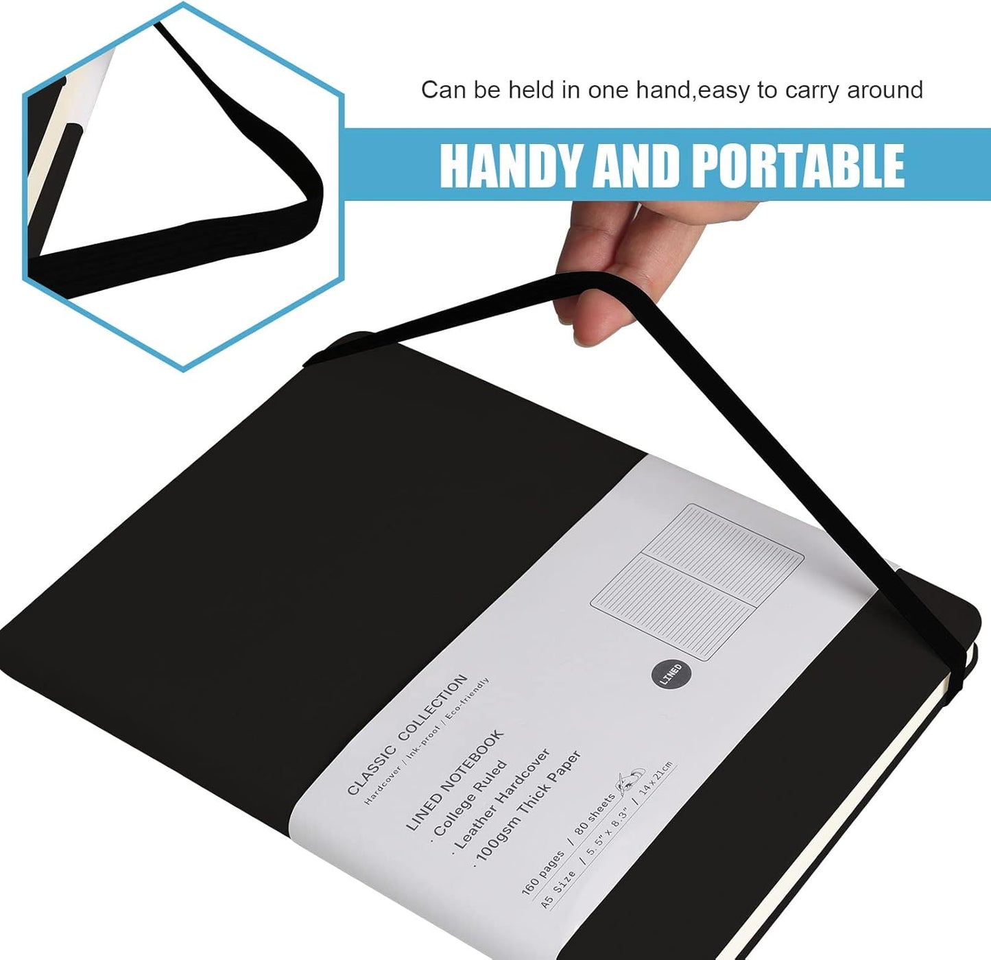 Lined Journal Notebook, 6Pack(Black), 160 Pages, Medium 5.7 inches x 8 inches - 100 gsm Thick Paper, Hardcover