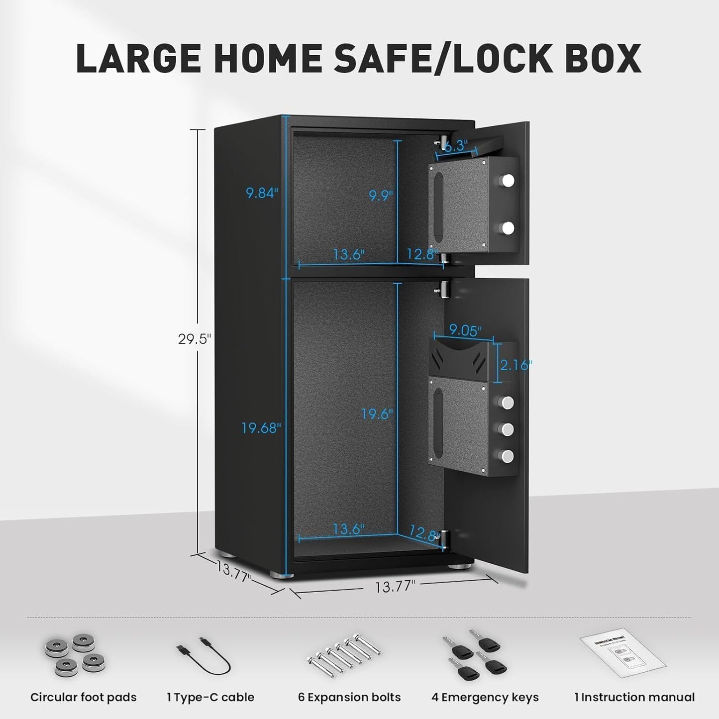 kavey 6.5 Cu ft Large Safe Box Fireproof Waterproof,with LED Light fire proof safe for home documents,Fingerprint password personal Safe with Deposit Slot & Dual Alarm System，Security Box fo Valuables