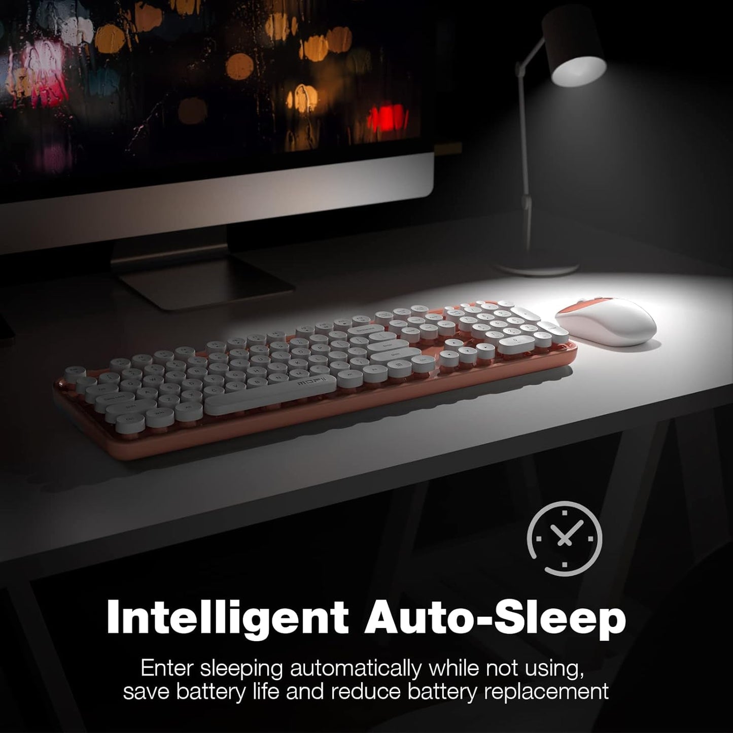 MOFII Wireless Keyboard and Mouse Combo, Computer Full Size 2.4G Plug and Play Wireless Typewriter Retro Round Keyboard and Mouse Set for Windows, Computer, Desktop, PC, Notebook - (Light Orange)