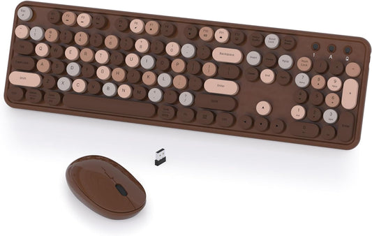 Colorful Wireless Keyboard and Mouse Combo, COVEVA 2.4GHz Wireless Retro Cute Round Keycaps Keyboard, 104 Keys Full-Sized Keyboard Mouse Set with Switch Button for PC Laptop Desktop (Brown Colorful)