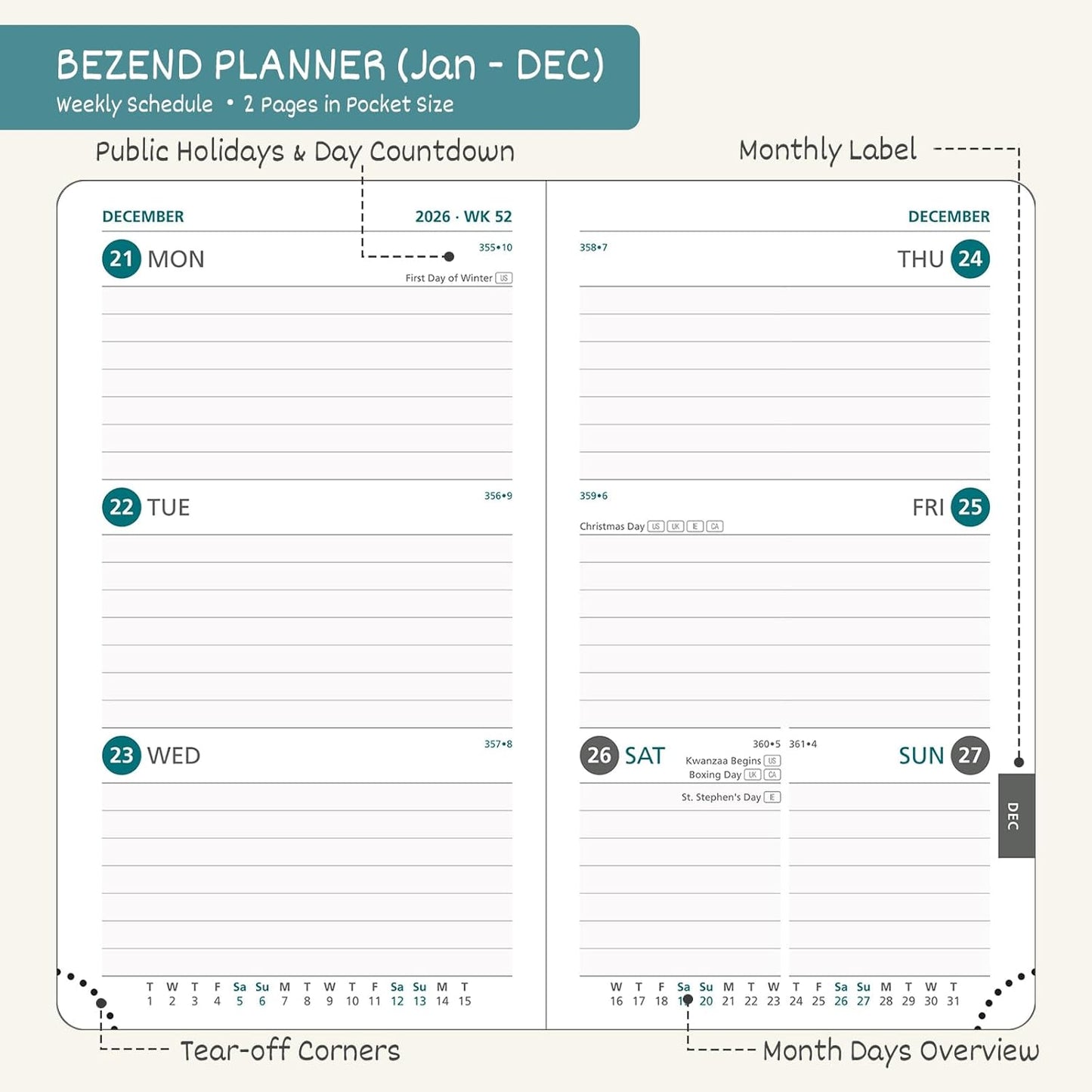 BEZEND Pocket Calendar 2026 Weekly and Monthly (3.5" x 6") Small Daily Planner for Purse (Jan-Dec) with Notes & Expenses, Inner Pocket, Pen Holder, Vegan Leather Hardcover - Cornflower