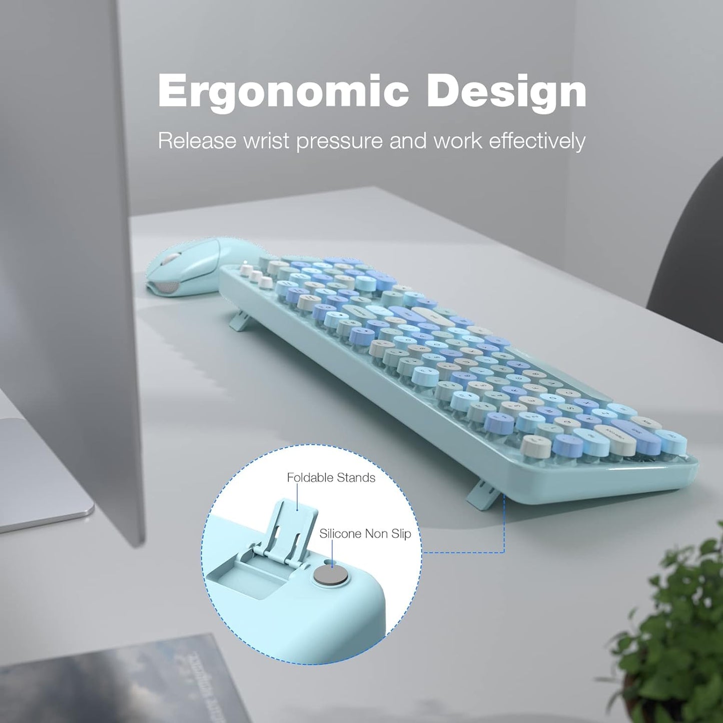 MOFII Wireless Keyboard and Mouse Combo, Retro Wireless Keyboard with Round Keycaps, 2.4GHz Dropout-Free Connection, Cute Wireless Mouse for PC/Laptop/Mac/Windows XP/7/8/10 (Blue-Colorful)