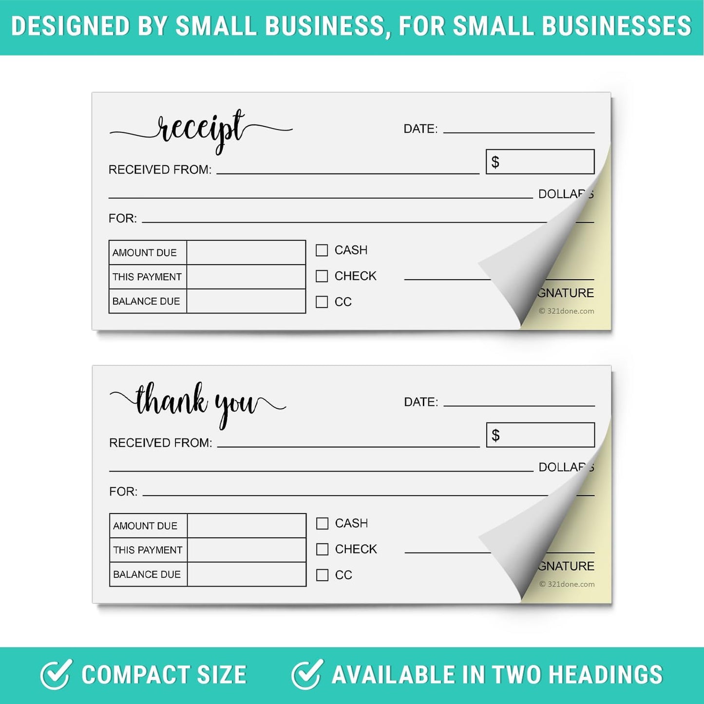 321Done Receipt Book, Made in USA - 2.75x6 Pocket Size 2-Part Carbonless, Cute Handheld Duplicate Copy Order Form for Craft Boutique Business - 50 White/Yellow Sets