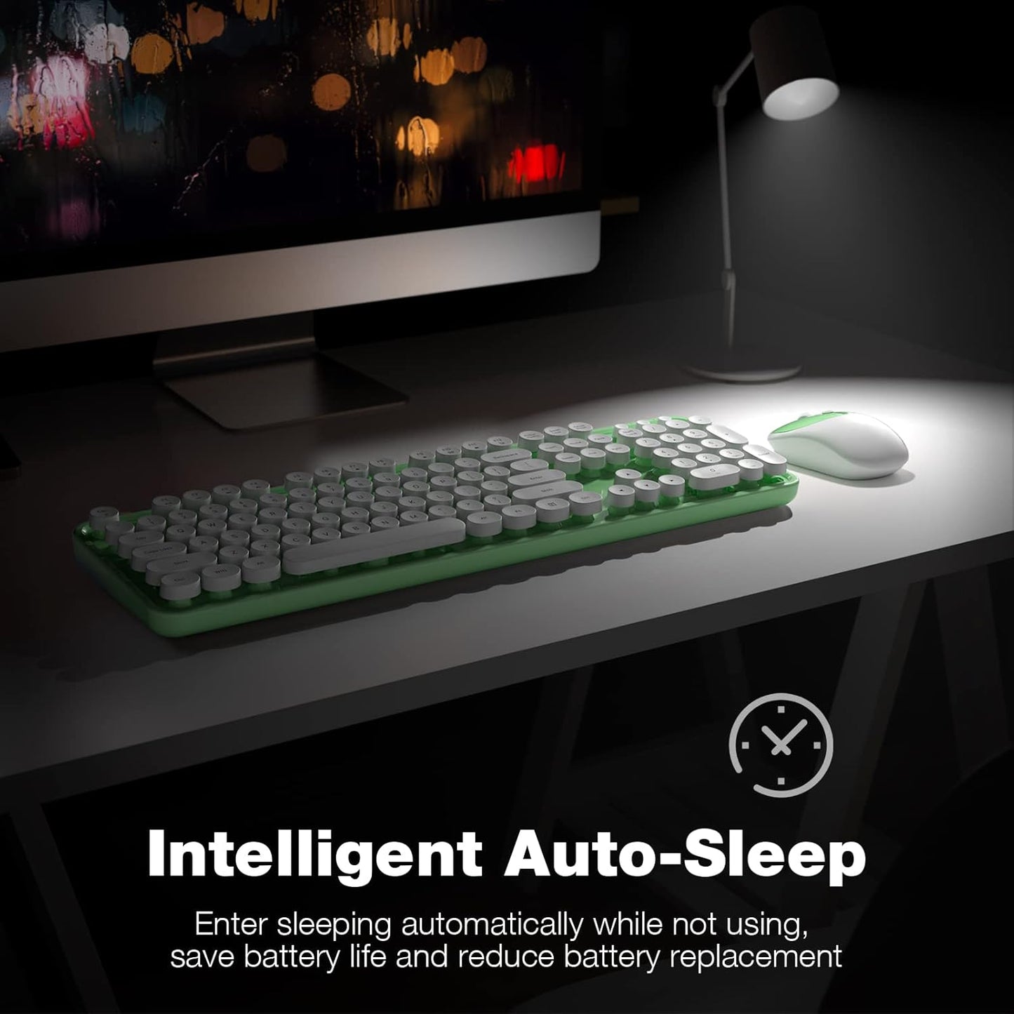 Wireless Keyboard and Mouse Combo, MOWUX Full Size Typewriter Retro Round Computer Keyboard, Mouse Wireless, Plug and Play, for Laptop, PC, Computer- Green