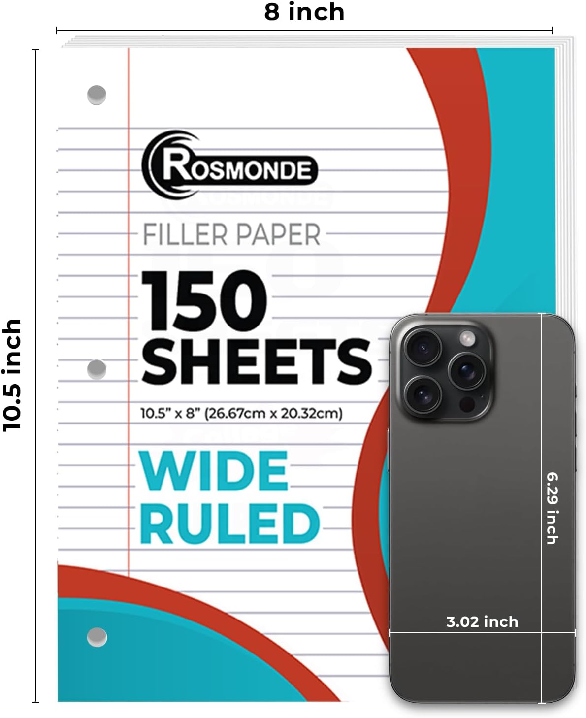 Loose Leaf Paper Bulk, 7200 Sheets, Wide Ruled Sheets, Bulk Notebook Paper, 8" x 10.5", Loose Leaf Papers, 3 Hole Punched for Standard Binders, 48 Pack, 150 Sheets/Pack, Filler-Paper, White