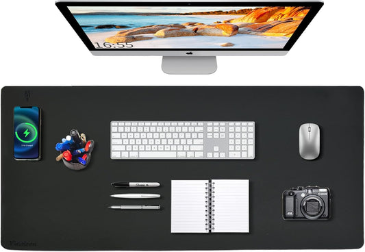 Desk Mat Wireless Charging Mouse Pad Large 32x16 Journey Desk Pad Mat with Wireless Charger Waterproof Black Leather Computer Mat with Phone Charger Mousepad Non-Slip for Keyboard and Mouse
