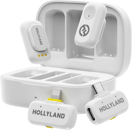 Hollyland Lark A1 Wireless Mini Microphone for iPhone & Android, 48kHz/24-bit, 3-Level Intelligent Noise Cancel, Microphone for YouTube, Podcast, Vlogging (White, 2TX + 2RX + Charging Case)