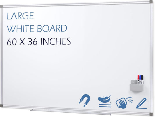 SWANCROWN White Board Dry Erase 60 x 36 Inches, Large Whiteboard for Wall with Thick Aluminum Frame, 5' x 3' Magnetic Whiteboard with Long Marker Tray & Magnetic Pen Holder for Office & Home