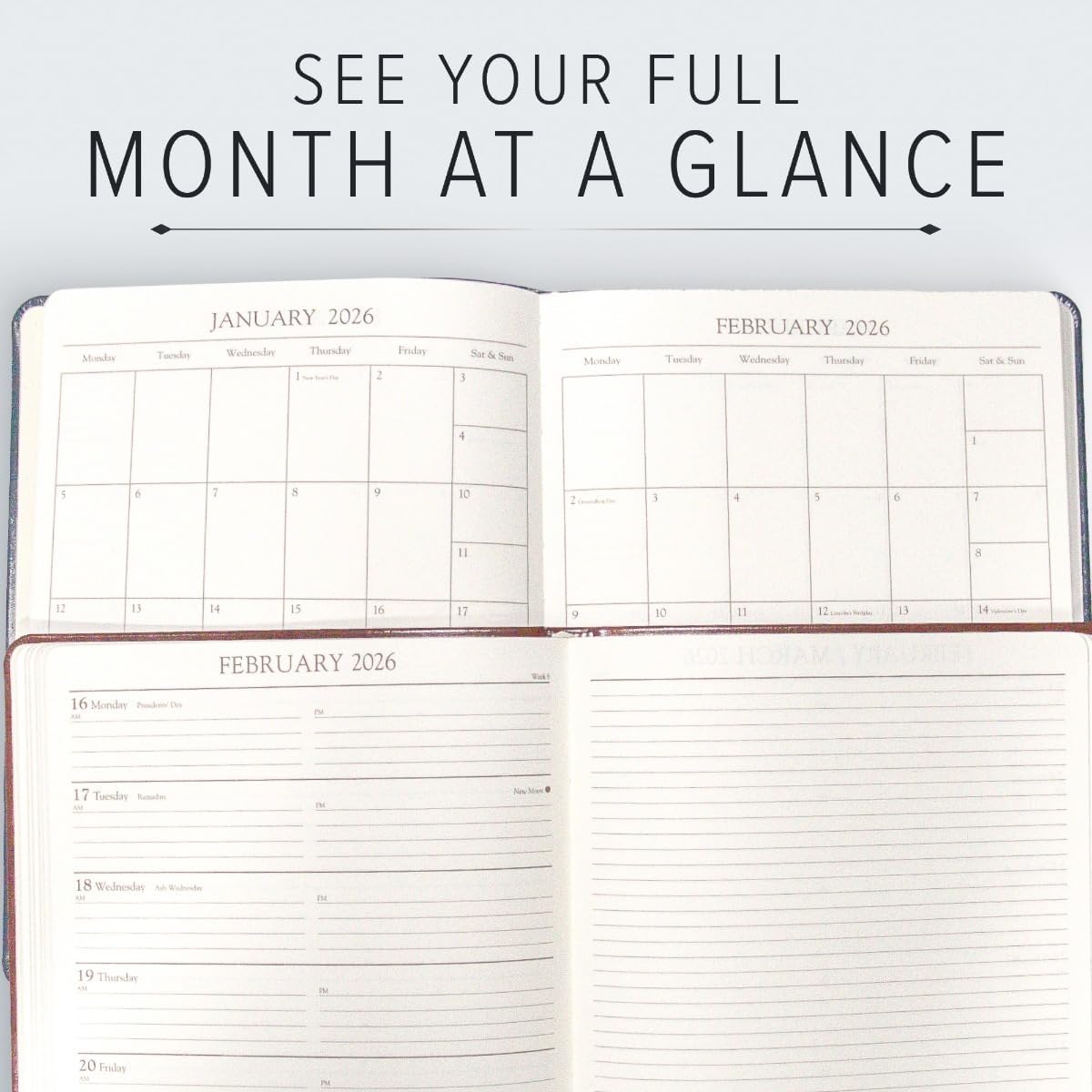Gallery Leather Academic Planner 2025-2026, Teacher and Student Weekly Monthly Planner, Elegantly Bound Calendar with Gold-Gilded Page Edges, 18 Months - Acadia Navy - US Air Force - 9x7"