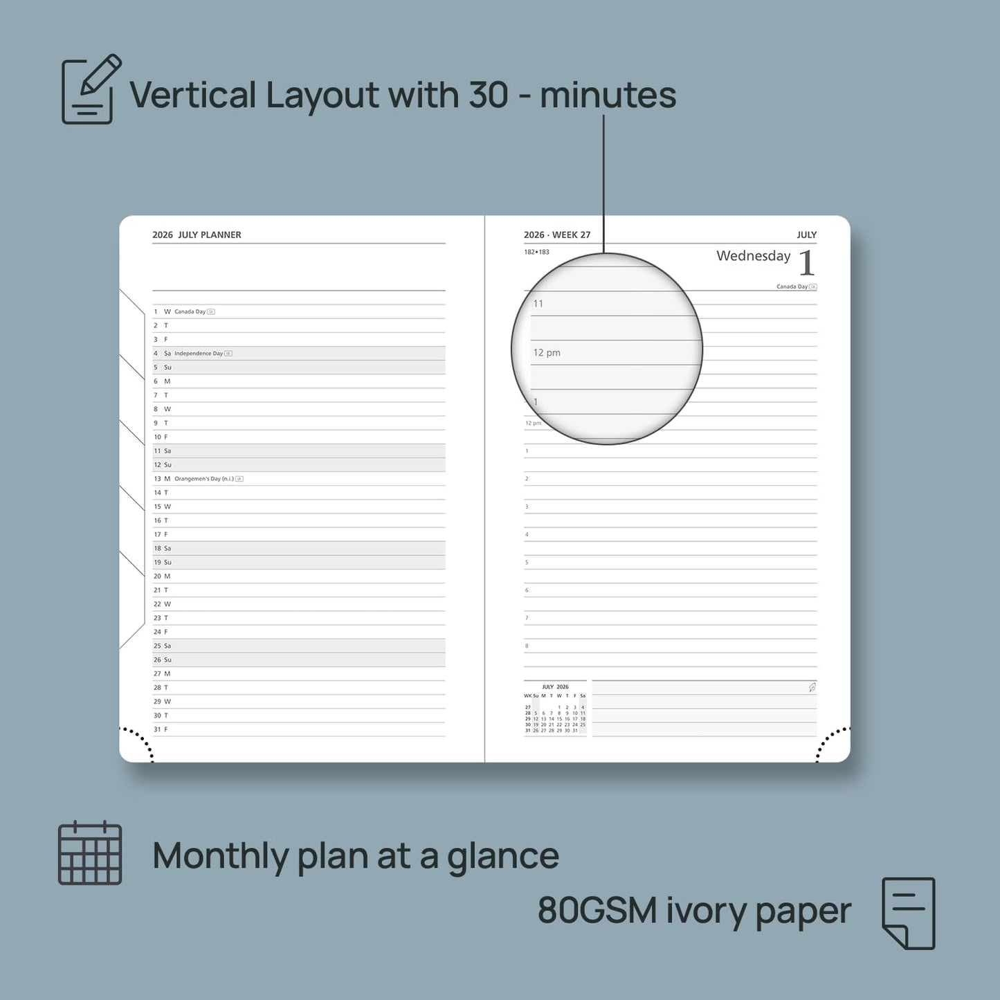 POPRUN 2026 Daily Planner One Page Per Day A5 Size Calendar (5.75" x 8.5") - 12 Months Hourly Appointment Book with Hardcover, Pocket, Pen Holder - Haze Blue