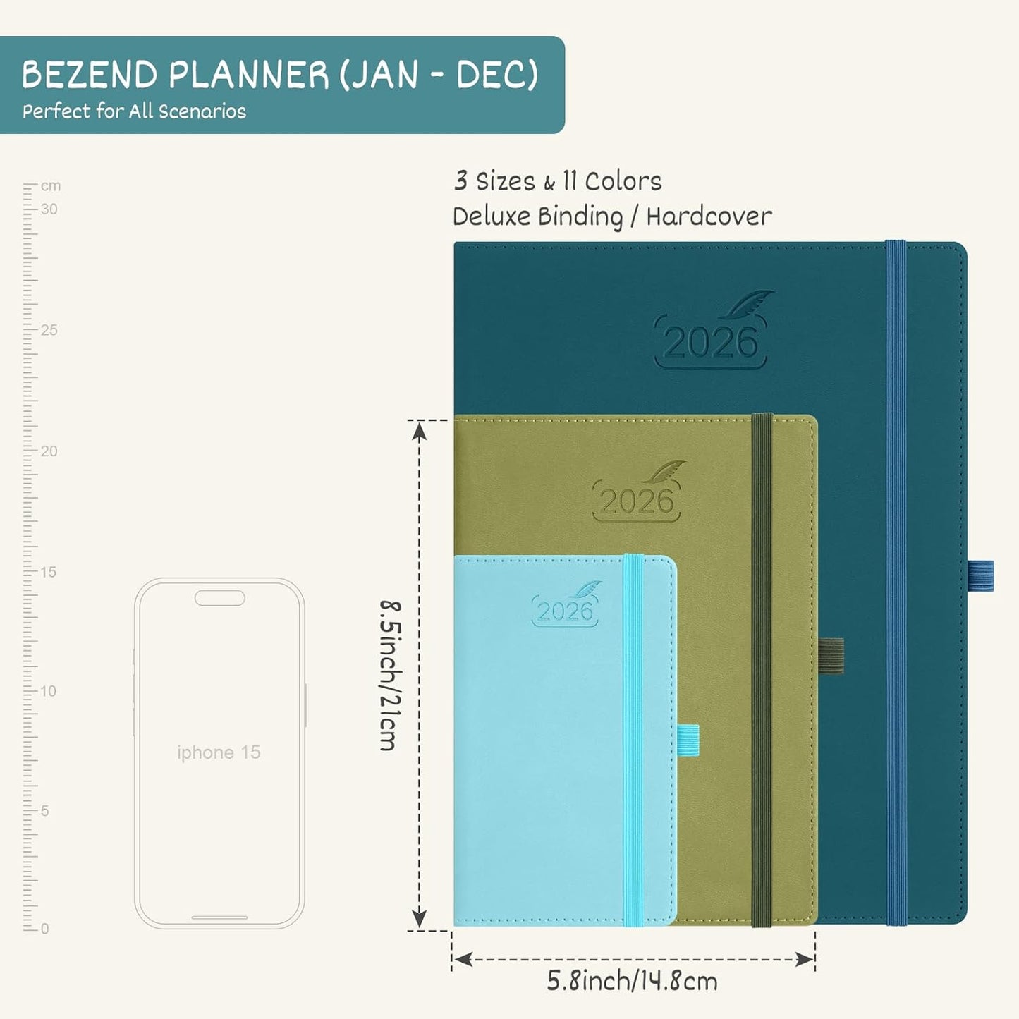 BEZEND 2026 Planner Weekly and Monthly (6" x 8.5") Daily Calendar with Half-Hourly Timeslots & Tabs (Jan-Dec) Note & Expenses, Pen Holder, Inner Pocket, Vegan Leather Hardcover - Dark Green