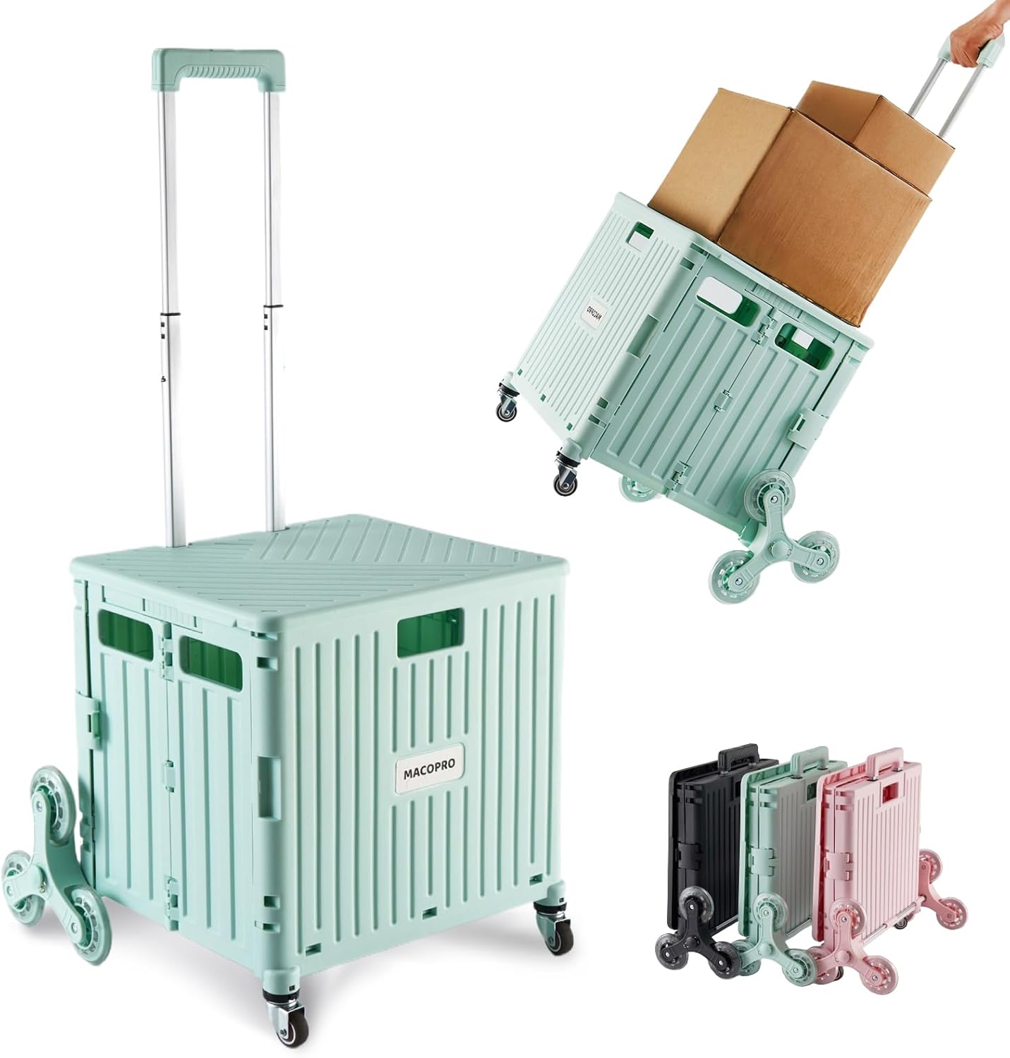 Foldable Utility Cart with Stair Climbing Wheels, Collapsible Rolling Crate with Telescoping Handle, Shopping Trolle Handcart Grocery Book File Tool Art Supplies Teacher Storage Basket(Green)
