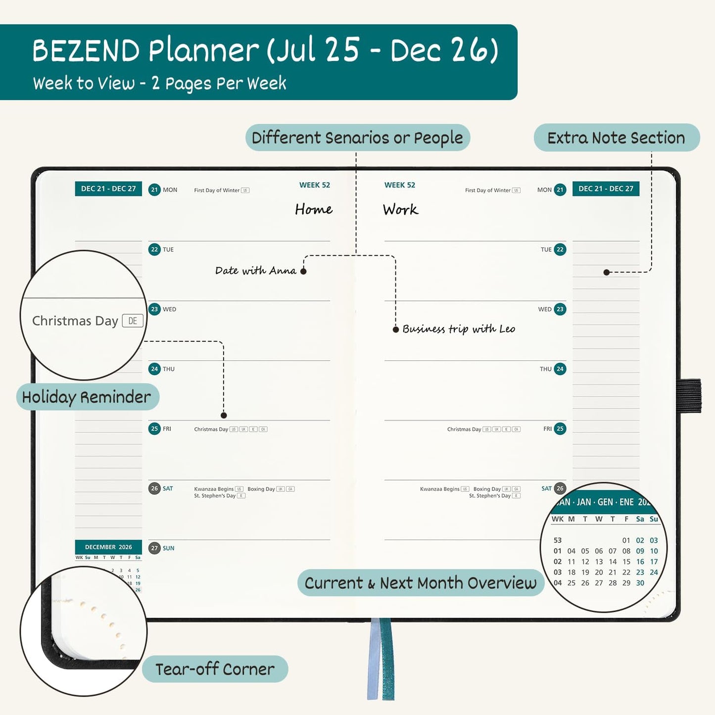 BEZEND Weekly Planner 2025-2026 with 2 Columns, 8.5" x 11" Academic Calendar 18 Months (Jul 25-Dec 26) Life Work Appointment Book with Monthly Tab, PU Leather Hardcover - Dutch Blue
