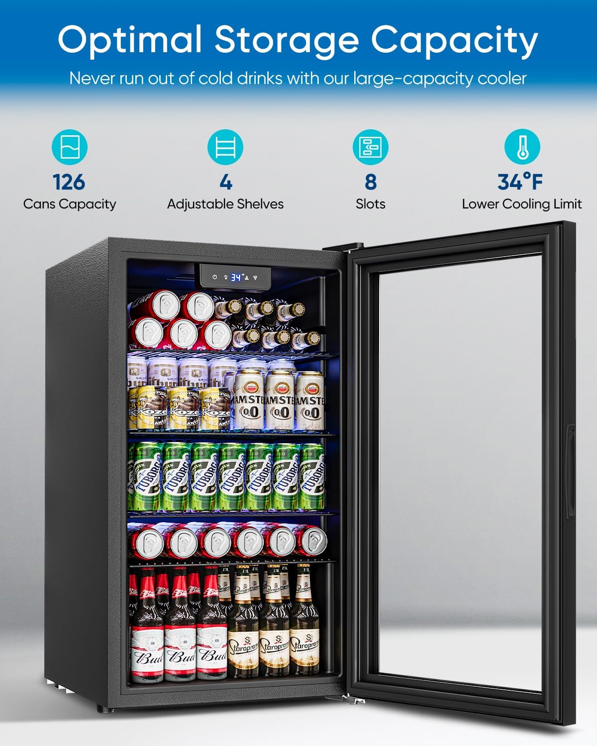 3.2 Cu.Ft Mini Fridge with Glass Door - 126 Can Beverage Refrigerator Cooler for Drink Beer Wine Soda, Small Fridge for Bedroom Office Bar Dorm, 4 Adjustable Shelves, Black