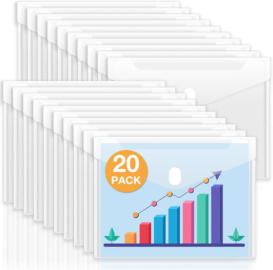 Sooez 20 Pack Plastic Envelopes File Folders, Rainforced Clear Folder Important Document Organizer, A4 Letter Size Bill Receipt Paper Holder Organizer Folder with Closure for School Office